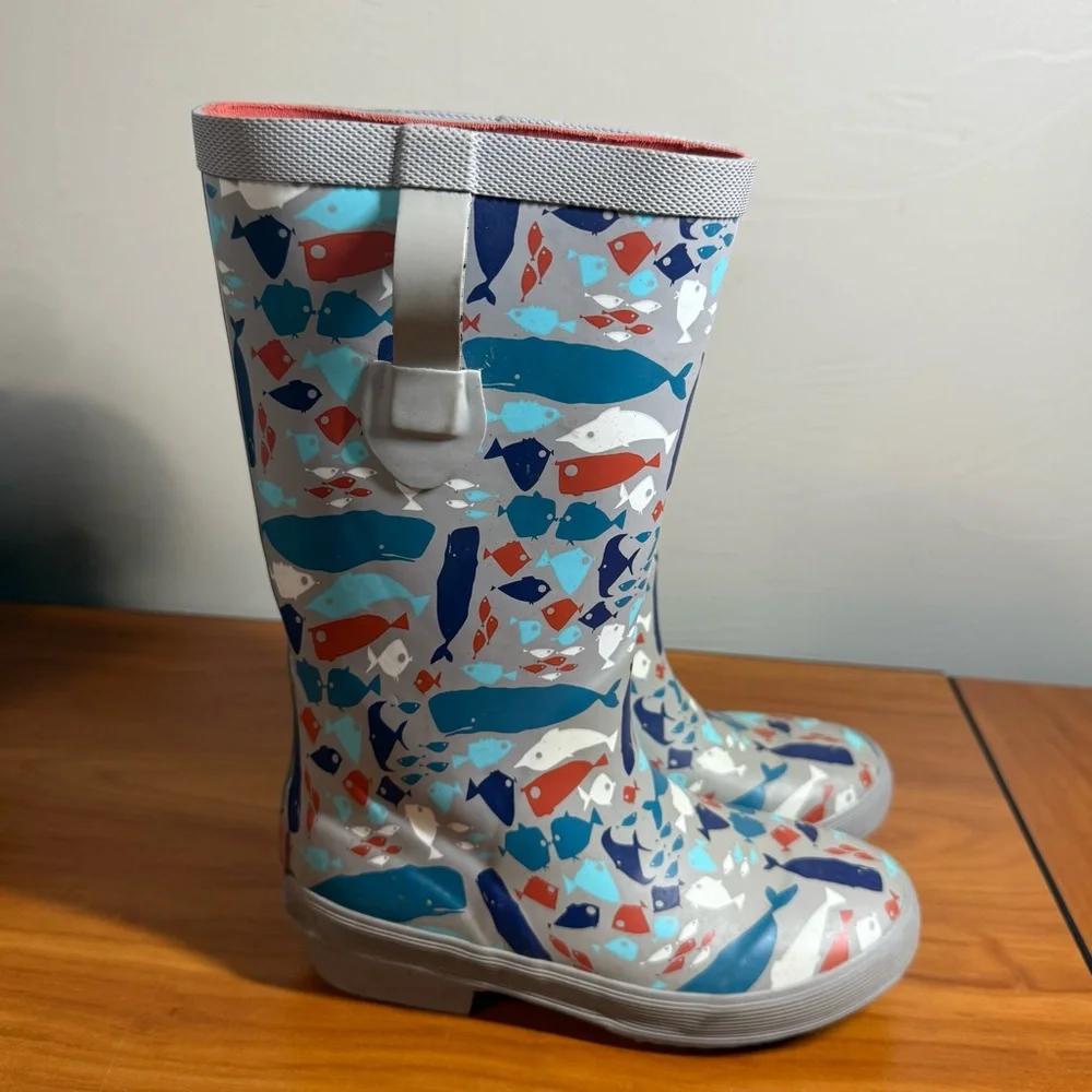 L.L. Bean Kids Wellie Rain Boots Ocean Fish Grey Unisex Rubber Spring Big Kids 2